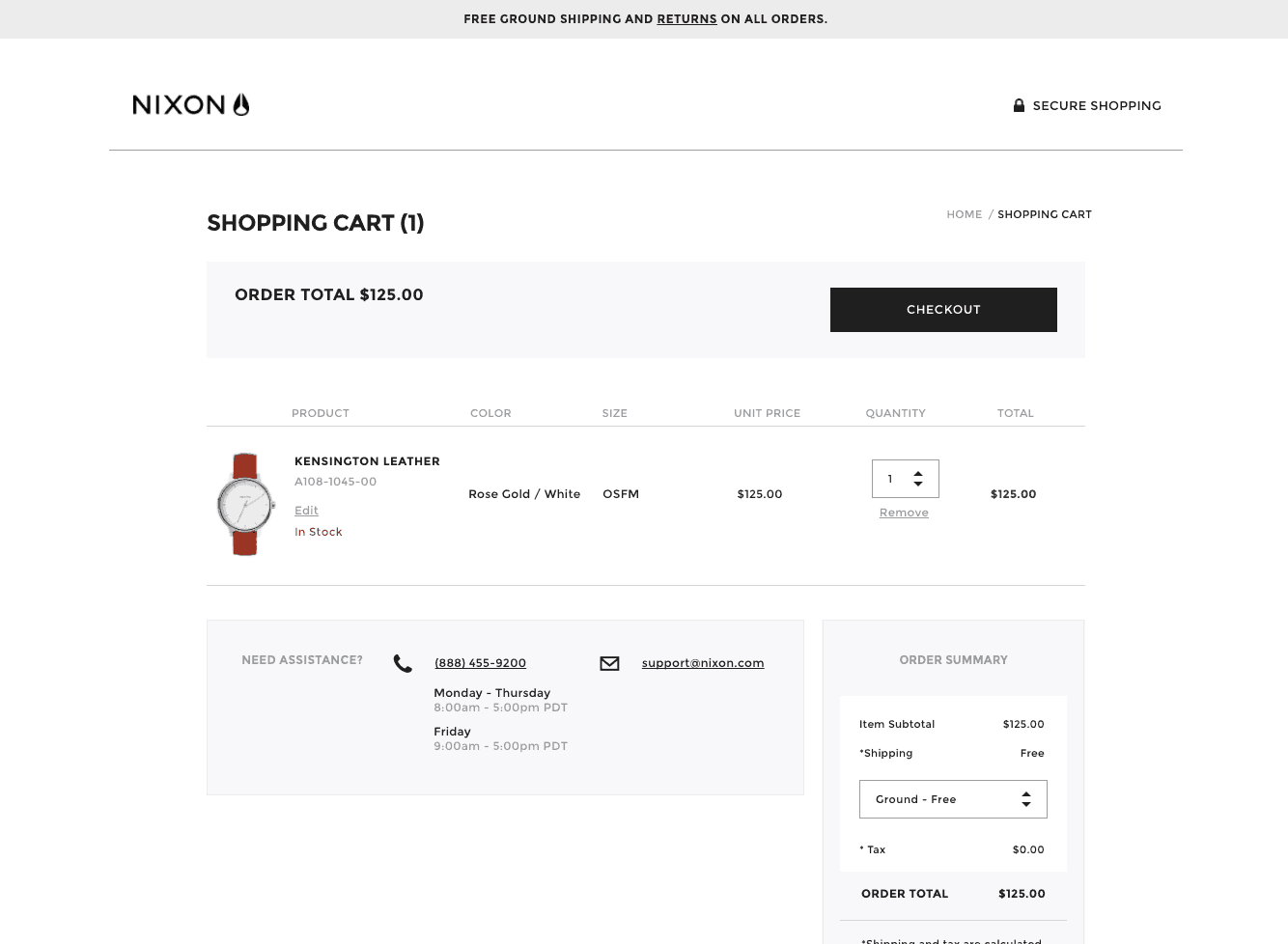 Nixon Shopping Cart screenshot. There are no menu options. 