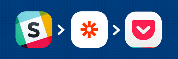 A flow chart: Slack icon to Zapier icon to Pocket icon. 