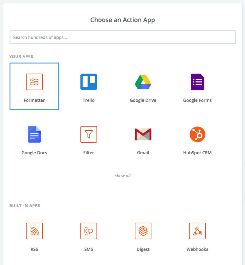 Zapier Choose an action app screenshot. 8 options labeled Your Apps. Formatter is selected. 