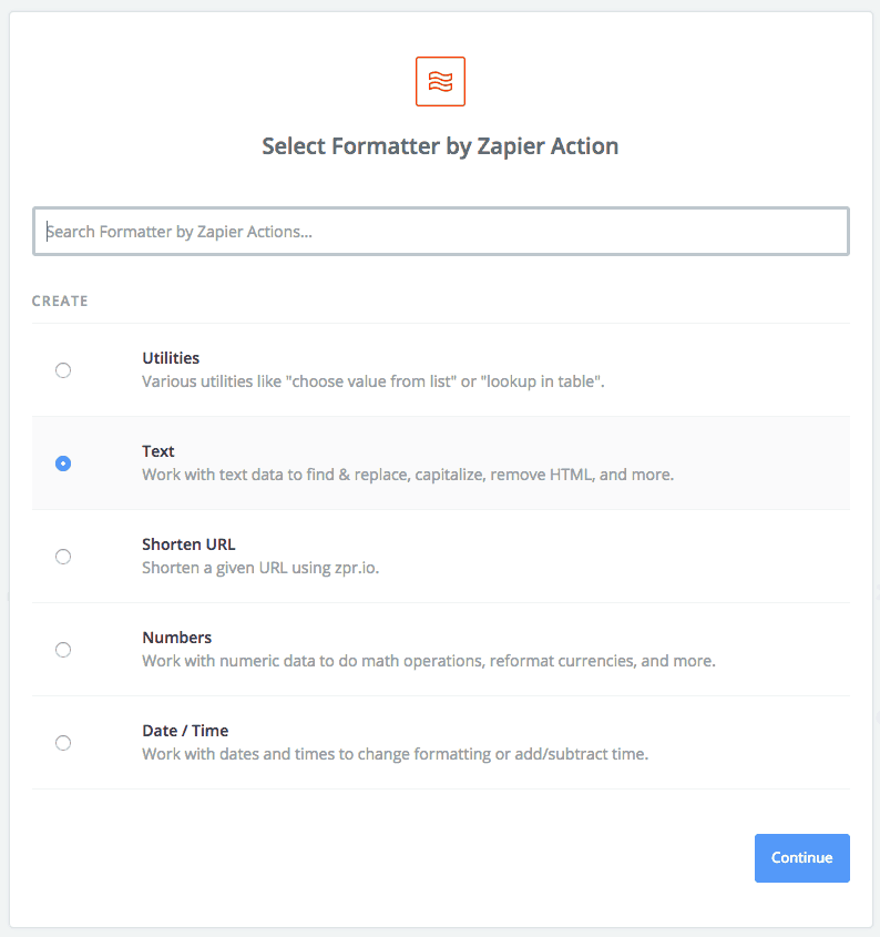 Zapier Select Formatter by Zapier action screenshot. Five options. Text is selected. 