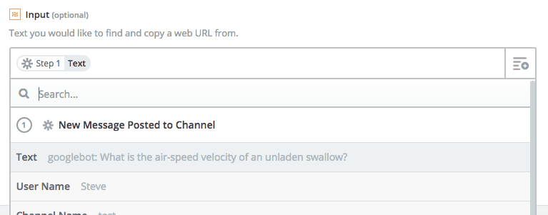 Zapier Input textbox screenshot. Textbox contains: Step 1 Text. 