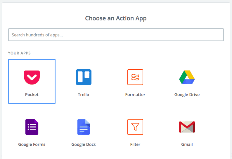 Zapier Choose an Action app screenshot. 8 options labeled Your Apps. Pocket is selected. 