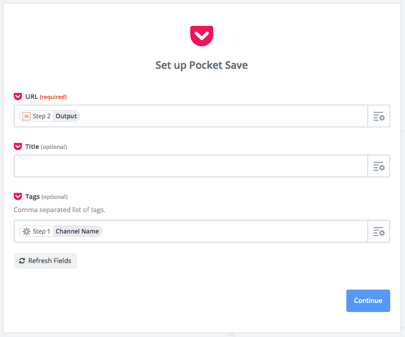 Zapier Set up Pocket Save screenshot. Three text boxes as follows. "U R L (required)" with the text Step 2 Output; "Title (optional);" "Tags (optional):" with the text Step 1 Channel Name. 