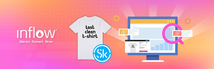 Illustration of computer monitor with product page for Skreened. Product is "Last Clean T Shirt" t shirt. Logo: Skreened. Logo: Inflow. Attract. Convert. Grow.