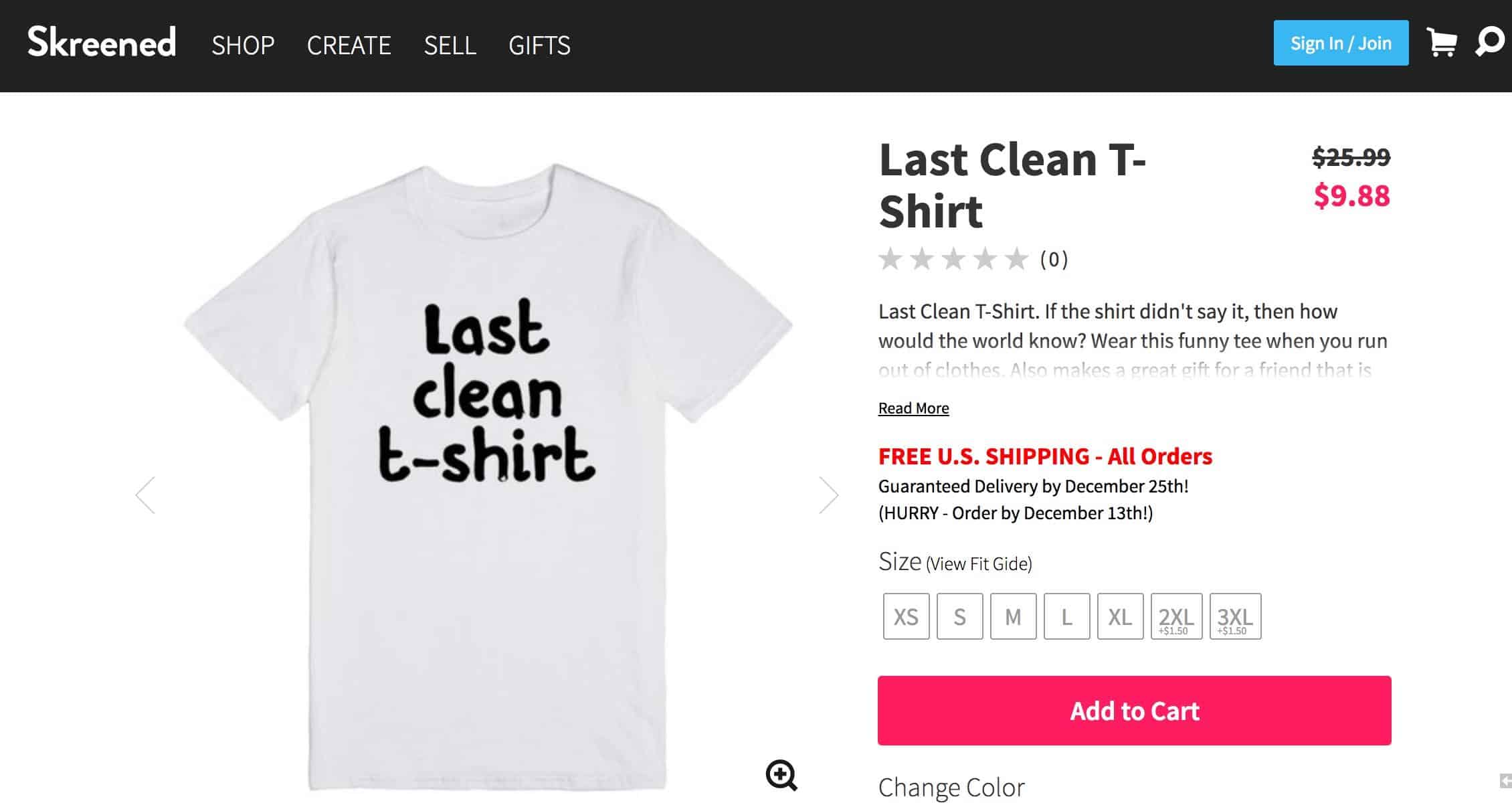 skreened-case-study-featured-image Skreened product detail screenshot for a T-shirt with the text: Last clean t-shirt.