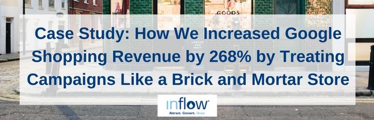 Case Study: How we increased Google Shopping Revenue by 268% by treating campaigns like a brick and mortar store. Logo: Inflow. Attract. Convert. Grow.