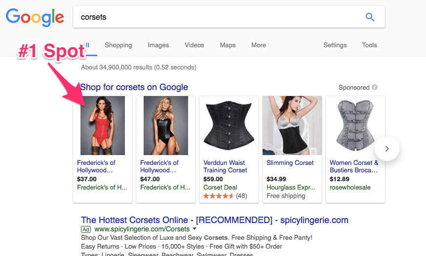 Google shopping optimization tips Google search for corsets. In the horizontal row of shopping ads, the number one spot is Frederick's of Hollywood.