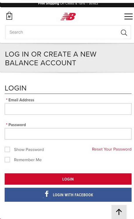 New Balance Mobile login screenshot. Two buttons at the bottom labeled: Login and Login with Facebook. 