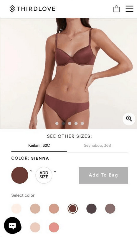 ThirdLove Mobile Screenshot ThirdLove Mobile product detail screenshot. Photograph shows a model wearing a bra in the color selected from the select color option below.