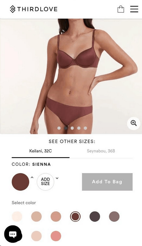 ThirdLove Mobile product detail screenshot. Photograph shows a model wearing a bra in the color selected from the select color option below. 