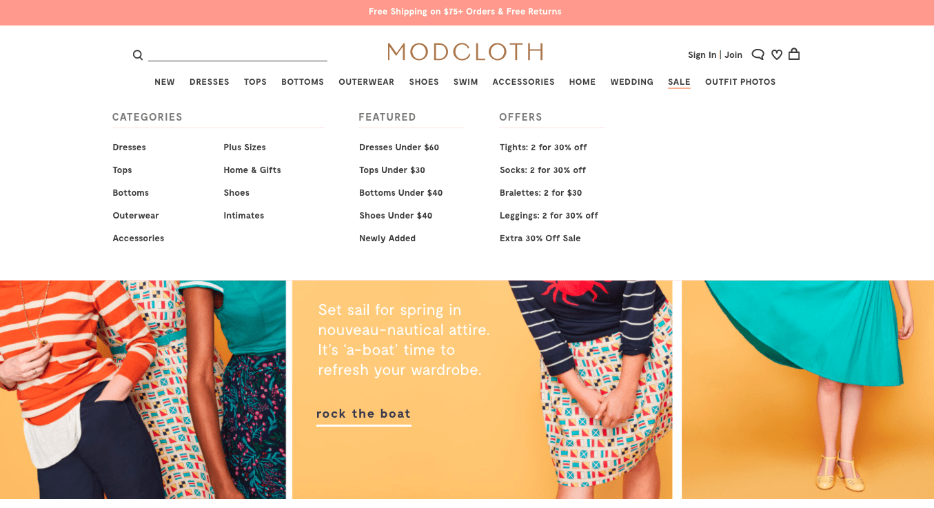 Modcloth desktop screenshot. 12 menu tabs across the top. Sale, the second to last, is highlighted. The menu under sale consists of three main sections: Categories, Featured, Offers, each followed by subcategories. 