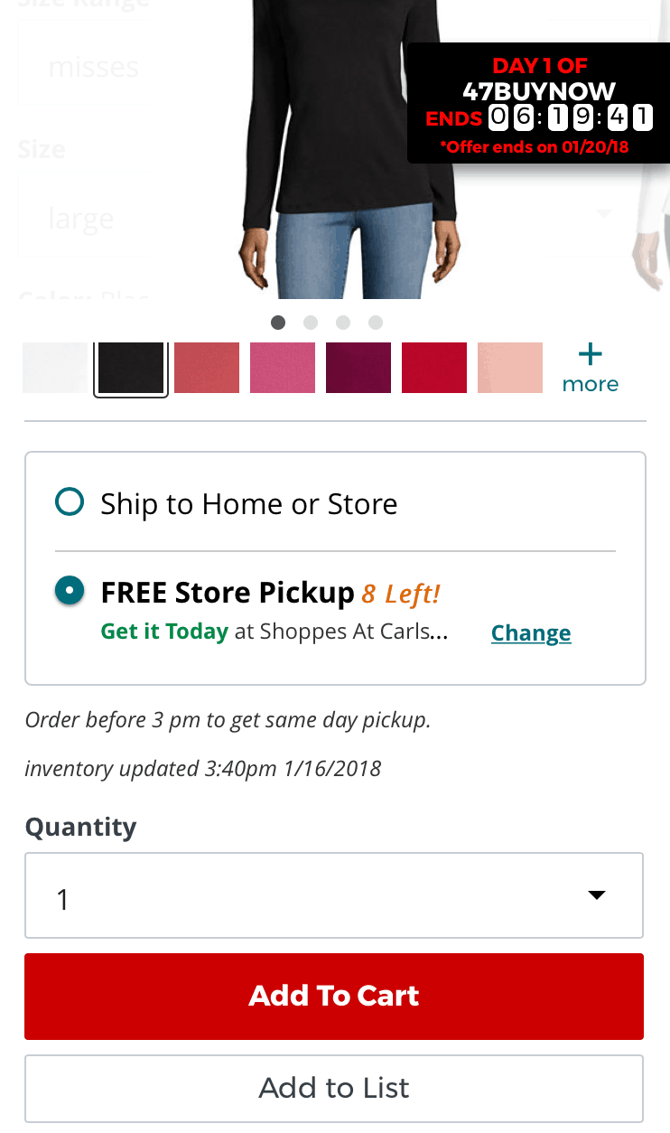 A mobile website product detail. Beneath the product two options: "Ship to Home" or "Store and Free Store Pickup, 8 left!"