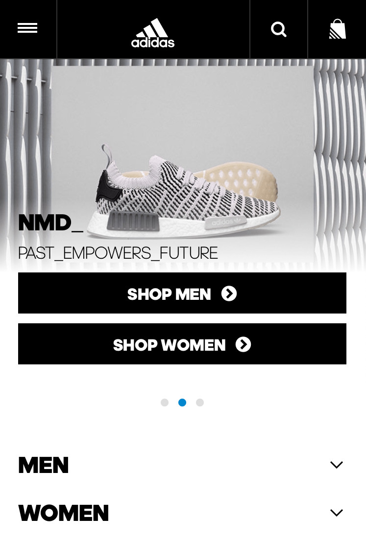 Adidas mobile screenshot. A photograph of a sneaker beneath the top bar. Beneath the photograph are two buttons labeled: Shop men, Shop women. Beneath is a row of 3 circles with the middle circle currently selected. 