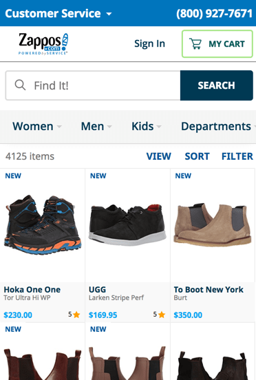 Zappos.com product gallery mobile screenshot. My cart icon is in the top right corner.  