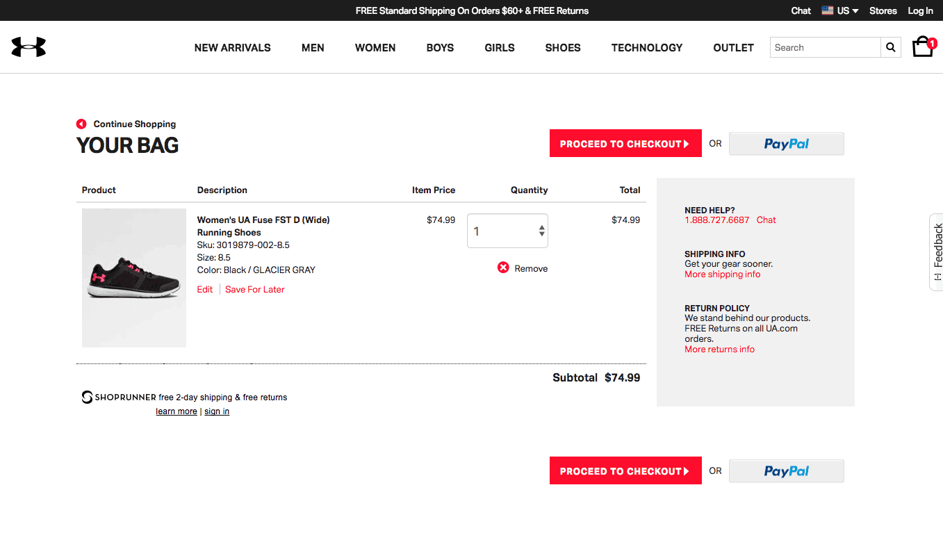 Under Armour shopping cart includes the product in cart and two buttons labeled Proceed to checkout or PayPal. 