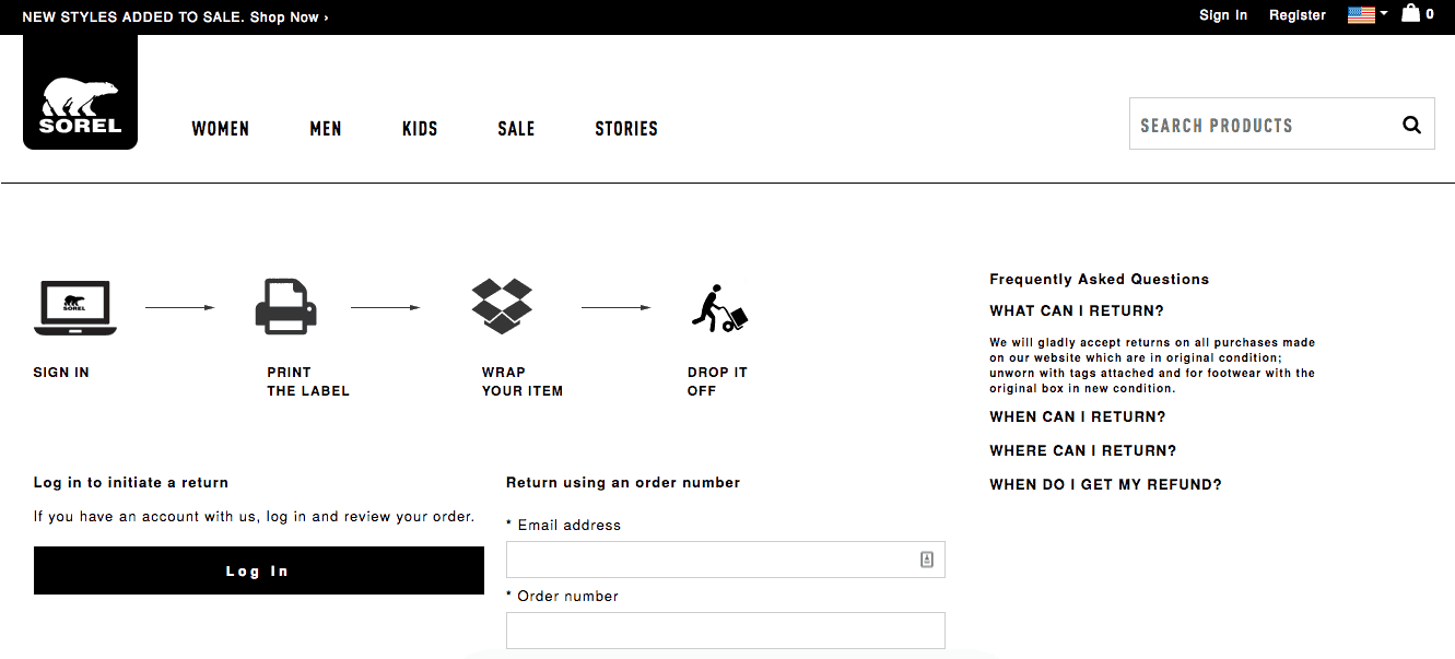 Sorel website with Return procedure as a flow chart: Sign in, print the label, wrap your item, drop it off. 