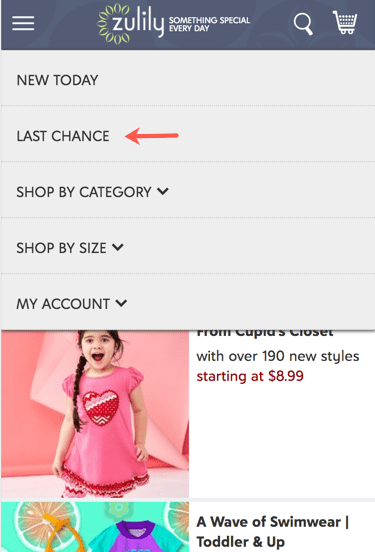 Zulily mobile screenshot. A menu with five tabs. The second tab is Last Chance. 