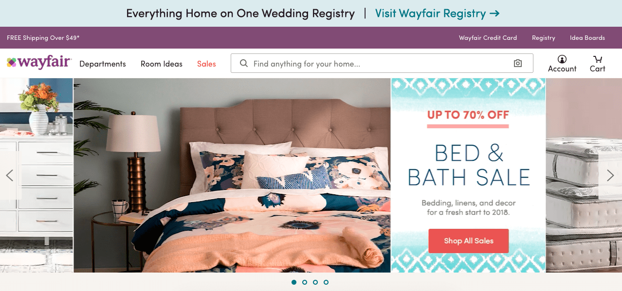 Wayfair screenshot. Sales is selected on the top menu tab. Beneath, a carousel at the top of the page with the text up to 70% off. Bed & Bath Sale