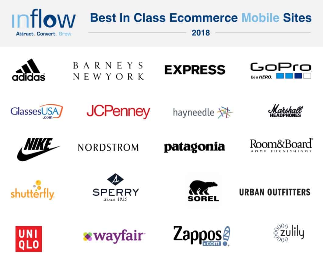 20 logos titled: Best in class ecommerce mobile sites, 2018 as follows: Adidas, Barneys New York, Express, GoPro, Glasses U S A, J C Penney, Hayneedle, Marshall headphones, Nike, Nordstrom, Patagonia, Room & Board, Shutterfly, Sperry, Sorel, Urban outfitters, Uniqlo, Wayfair, Zappos.com, Zulily. 