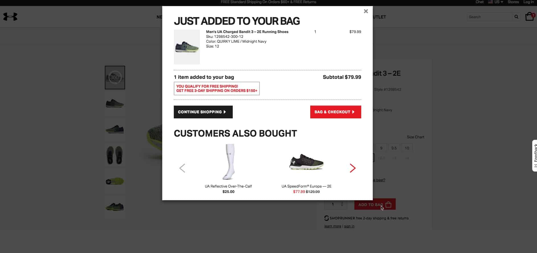 Added to cart pop-in. Text at top states: "Just added to your bag" followed by the product, subtotal, two buttons labeled Continue shopping and Bag & checkout, and a Customers also bought carousel. 