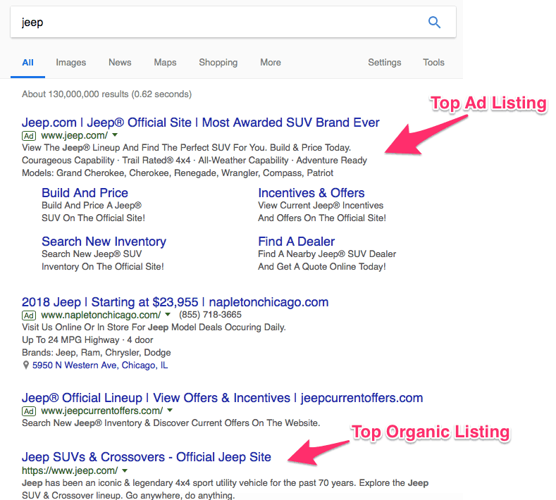 Four Google search results for Jeep. The top ad listing is Jeep.com. The top organic listing is Jeep.com.