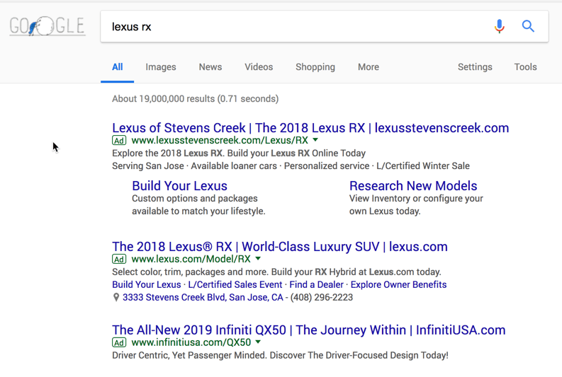 Branded Search Campaigns: Lexus RX Google search results for Lexus r x. The top three ad search results are Lexus of Stevens Creek, Lexus.com and Infinity U S A.
