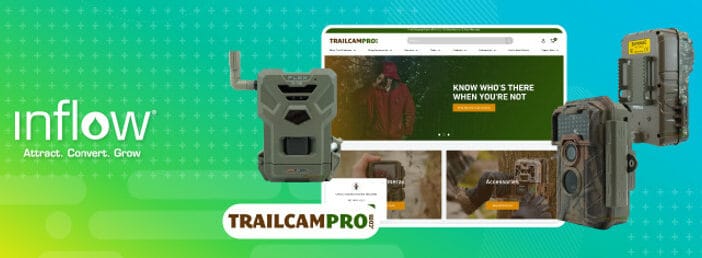 Website screenshot: Trail Cam Pro. Logo: Inflow. Attract. Convert. Grow.