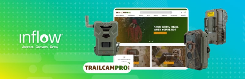 Website screenshot: Trail Cam Pro. Logo: Inflow. Attract. Convert. Grow.