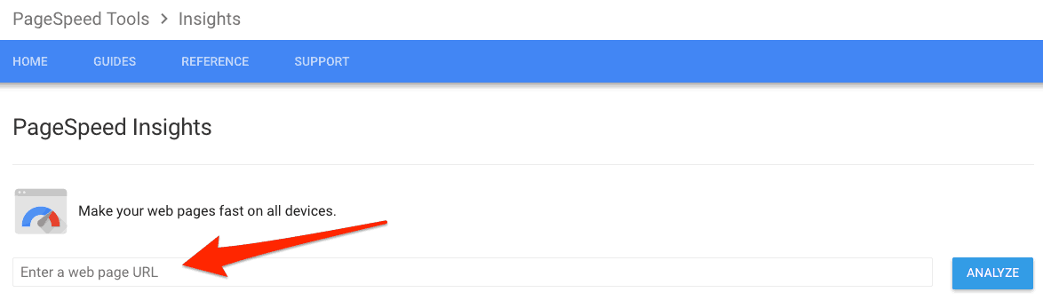 Google PageSpeed Insights screenshot. An arrow points to a text bar labeled Enter a web page U R L. 
