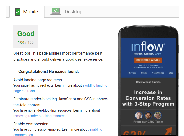 Google PageSpeed Score Google PageSpeed Insights screenshot. The Mobile tab is selected. Text on the left states: Good. 100/100. On the right an illustration of a smartphone displaying the Inflow website.