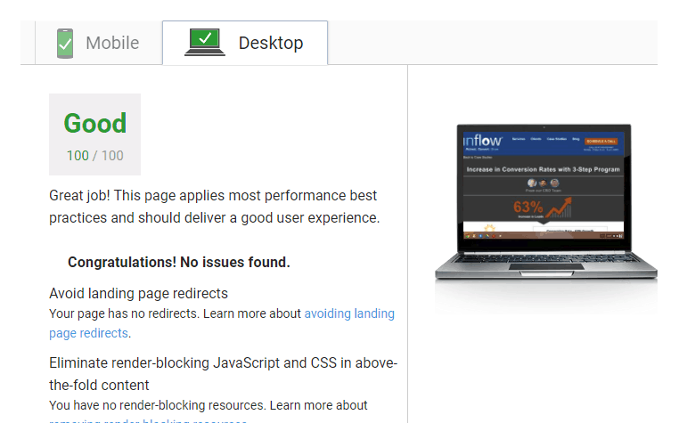 Google PageSpeed Insights screenshot. The Desktop tab is selected. On the left text states: Good. 100/100. On the right an illustration of a laptop displaying the Inflow website. 