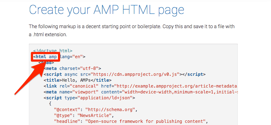 Code titled Create your A M P H T M L page. The first two lines are <!doctype html srcset=