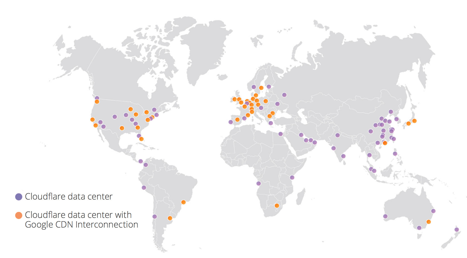 A map of the world with two sets of circles representing Cloudfare data center and Cloudfare data center with Google C D N interconnection. Cloudfare Data Center: 10  in North America, 4 in South America, 3 in Africa, 8 in Europe, 4 in the Middle East, 1 in Russia, 3 in India, 22 in Eastern and south east Asia, 3 in Australia, and 1 in New Zealand. Cloudfare data center with Google C D N interconnection: 11 in North America, 2 in South America, 1 in Africa, 19 in Europe, 2 in Japan, 1 in South East Asia, 1 in Australia.