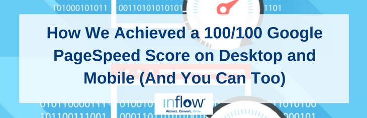 How we Achieved a 100/100 Google PageSpeed Score on Desktop and Mobile (And you can too). Logo: Inflow. Attract. Convert. Grow.