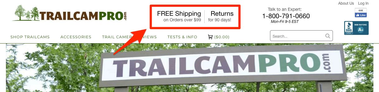TrailCamPro homepage screenshot. At the top of the page, text to the right of the logo states: Free shipping on orders over  and Returns for 90 days! 