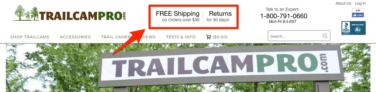 eCommerce free shipping TrailCamPro homepage screenshot. At the top of the page, text to the right of the logo states: Free shipping on orders over and Returns for 90 days!