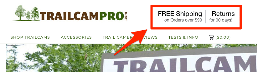 eCommerce free shipping TrailCamPro homepage screenshot. At the top of the page, text to the right of the logo states: Free shipping on orders over and Returns for 90 days!