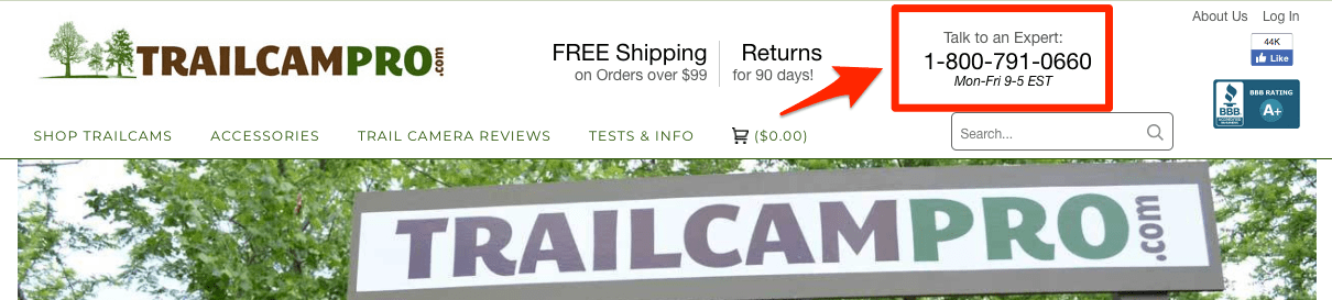 eCommerce free shipping TrailCamPro homepage screenshot. At the top of the page text states: "Talk to an Expert," followed by a phone number and available times.