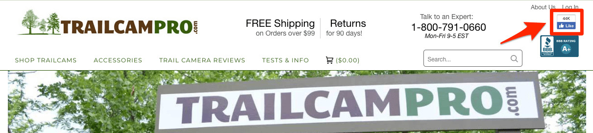 eCommerce free shipping TrailCamPro homepage screenshot. An icon with 44 K Facebook likes is at the top right of the page.