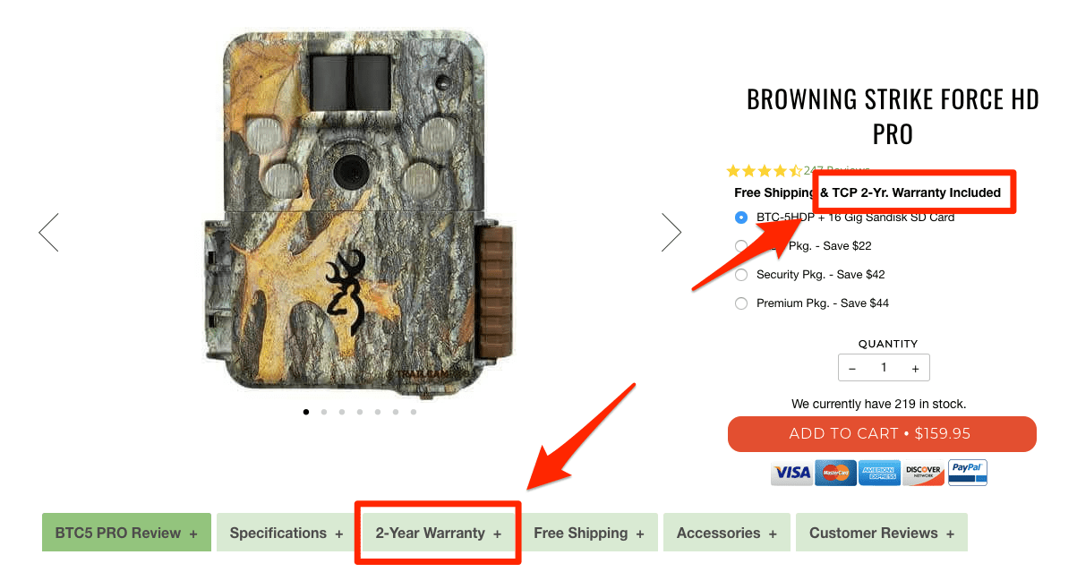 eCommerce free shipping - warranty Product detail screenshot. Beneath the title and review summary text states: T C P 2-yr warranty included. Six menu tabs beneath the product. The third tab is labeled 2-year warranty.