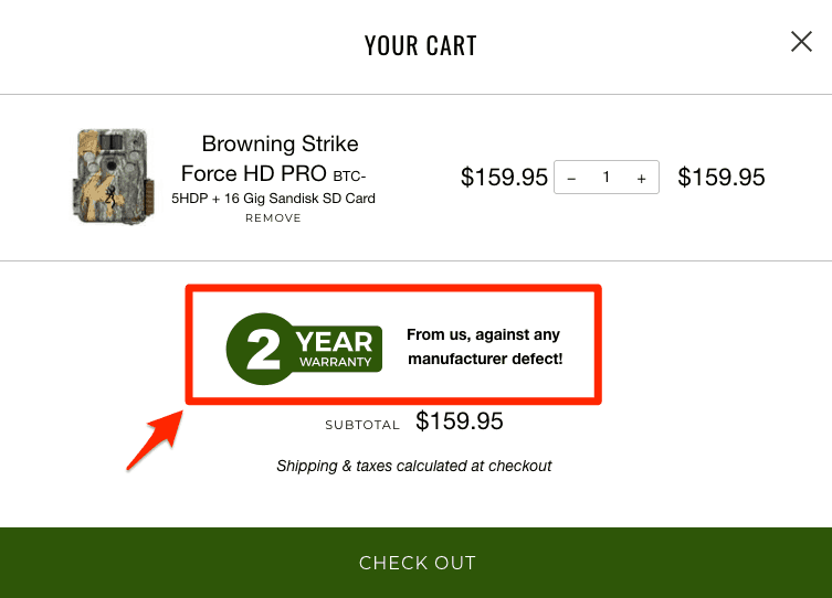 Checkout cart popup. A circled section beneath the product and above the subtotal states: 2 year warranty From us, against any manufacturer defect!