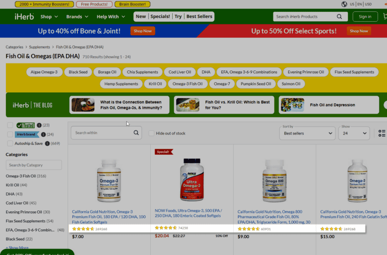 iHerb category page: Fish Oil & Omegas. Highlighted are review stars under each product listing.