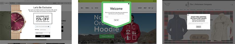 Three screenshots of websites using popups. Each with a popup of differing sizes over the page. 