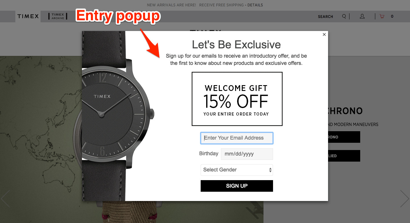 Entry Popup Example A screenshot of an entry popup on the Timex site. The popup offers a Welcome Gift of 15% off and covers most of the page.