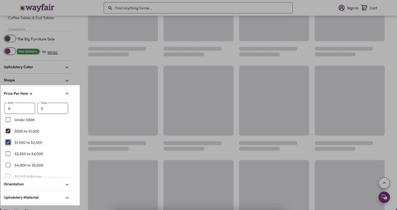 Wayfair Product Filters. Highlighted: Price Per Item. Selected filters: $500 to $1,000; $1,000 to $2,500.
