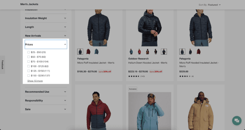 Backcountry.com category page. Highlighted is price filter: $25-$50, $50-$75, $75-$100, $100-$125, $125-$150, $150-$200.