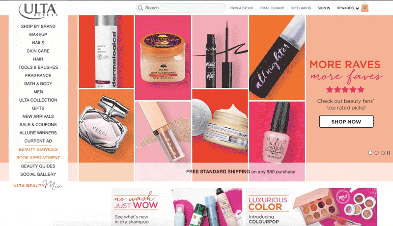 A gif of the Ulta homepage. A pushup bar moves upward from the bottom of the screen after the site is loaded. The bar has text boxes for signing up for emails and an exit icon at the top right corner. 