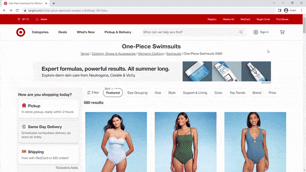 GIF: Scrolling down category page of Target swimsuits, selecting one product, viewing product page, and then returning to category page at the same vertical position.