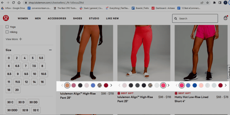 Lululemon Category Page. Highlighted: Color swatches below individual product listings.