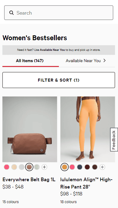 Lululemon category page, mobile screen. Product listings in two columns include color swatches.